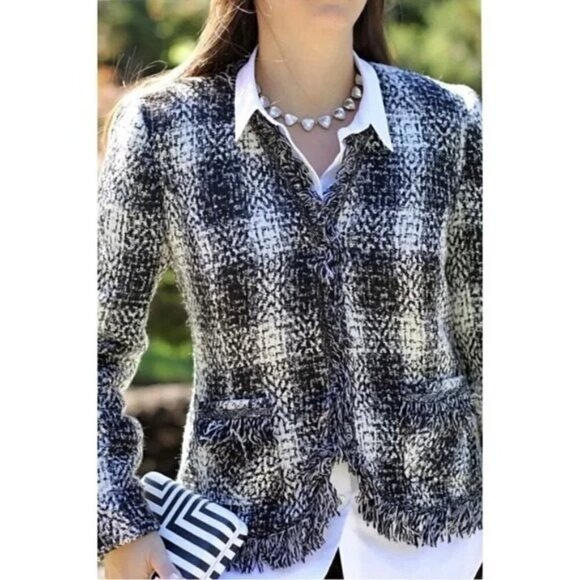 CAROL ANDERSON  Tweed Fringe Blazer Size 2  Luxury Jacket Black Cream - Picture 11 of 11